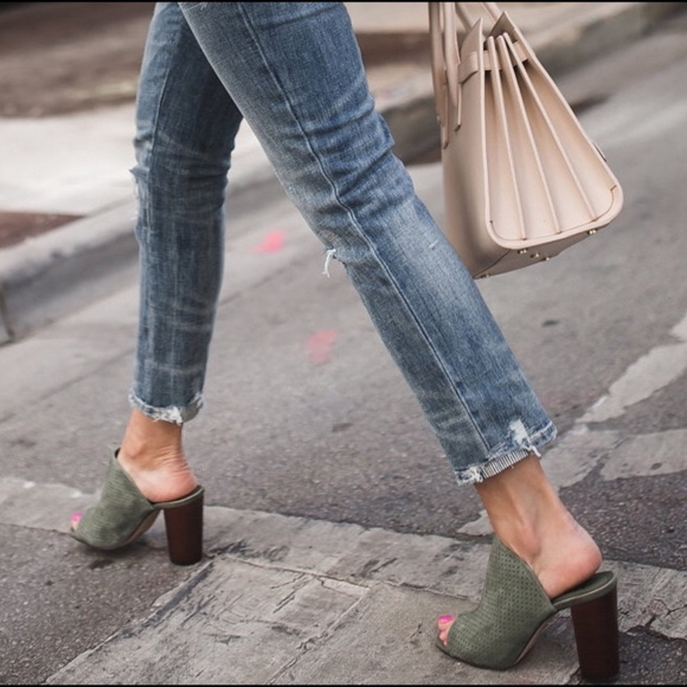 White House Black Market Suede Perforated Block Heel Mules